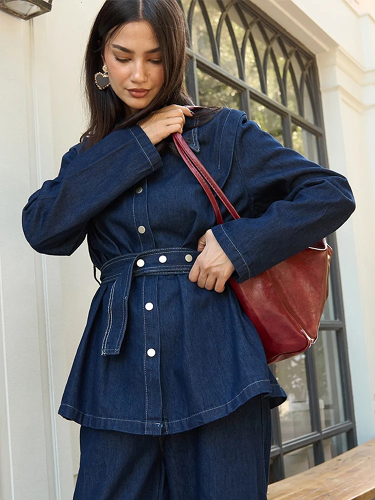 High Street Denim Suit Women 2025 Spring Summer Lapel Full Sleeves Single Breasted With Belt Jacket Wide Leg Trousers Female Set 250210