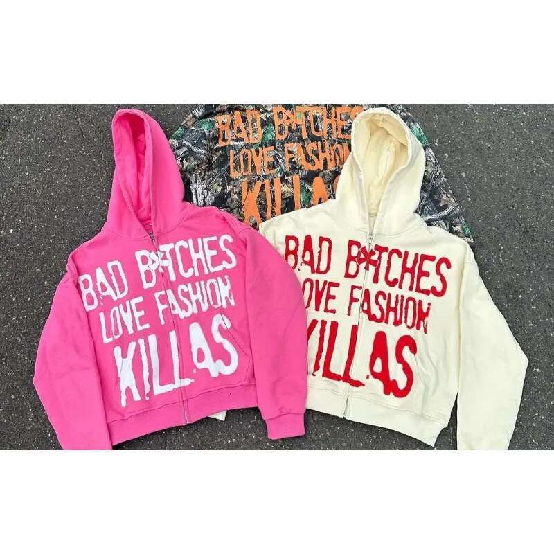 Rose red letter printed cardigan sweatshirt 2024 hip-hop new street zipper hoodie couple American washed trendy loose retro top