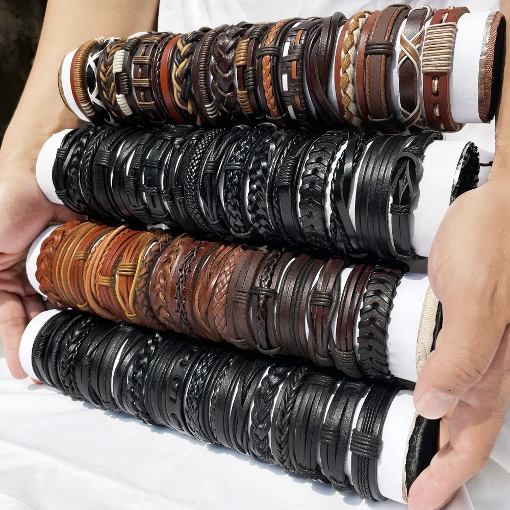 25Pcs/lot Wholesale Random Retro Multi-layer Leather Bracelet For Men Women Handmade Charm Bracelet Wrap Jewelry NM3 250210