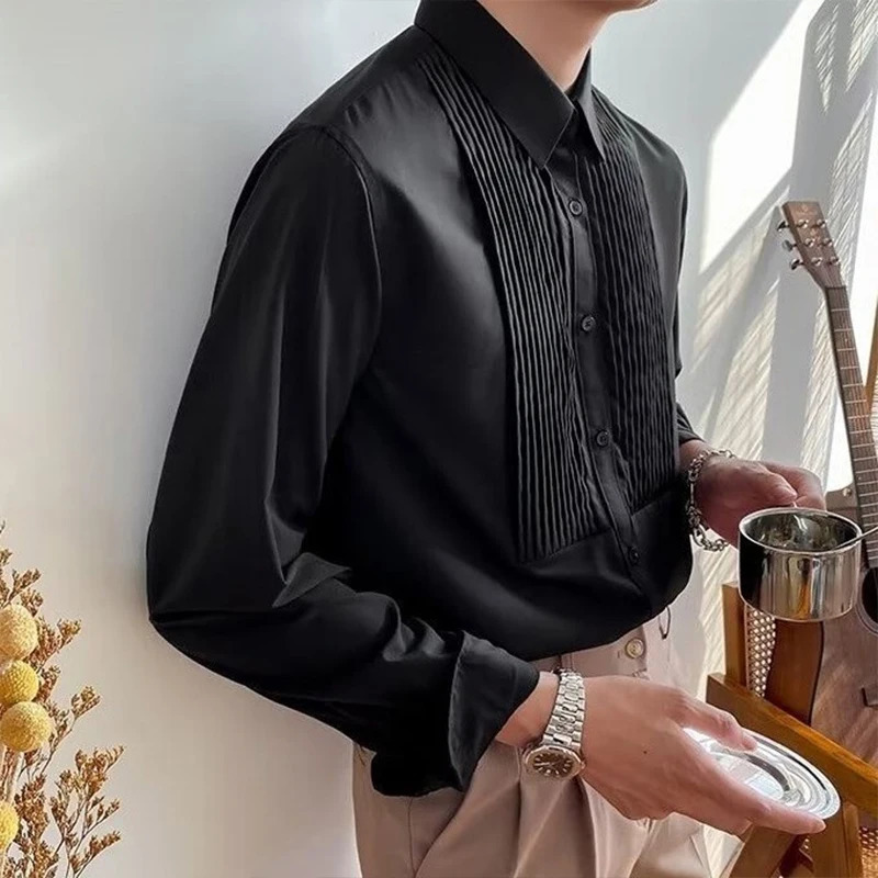 Autumn mens light long sleeved dress solid color ultra-thin retro casual patch work Korean clothing 250214