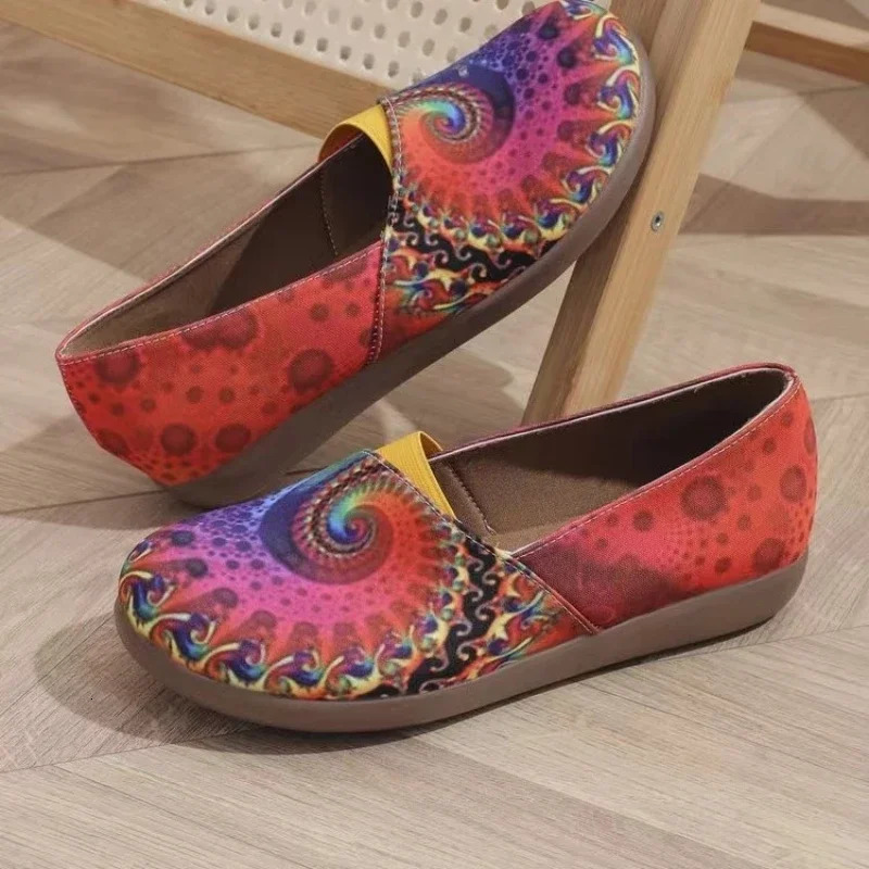 Large Size Flat Canvas Shoes with Women Pattern Round Toe Single Shoes Light Mouth Versatile Set Foot Flat Shoes 2025 Model 250214