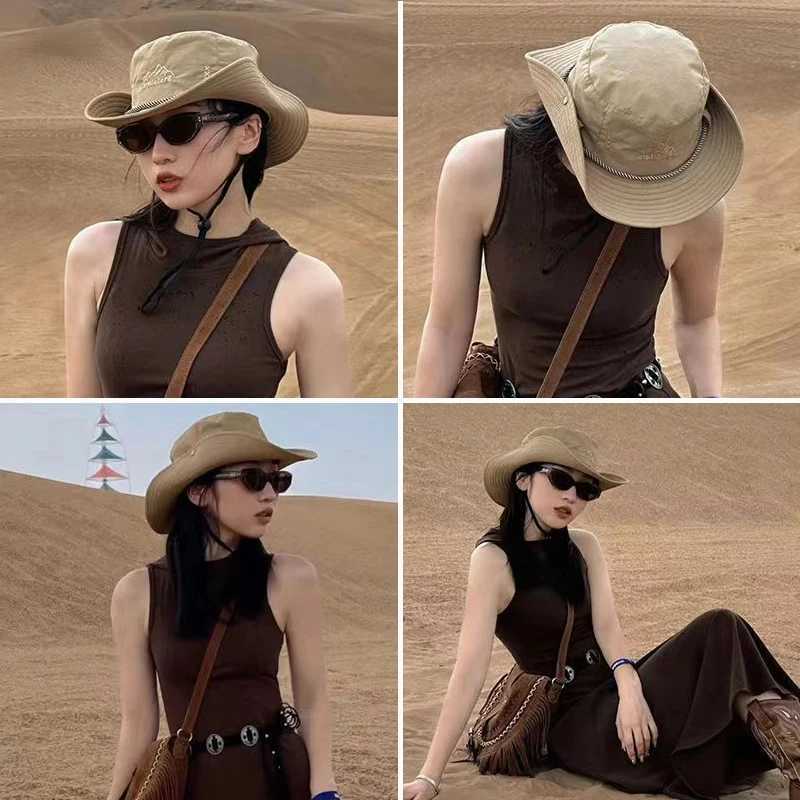 Summer Cowboy Fisherman Hat For Women Men Outdoor Fishing Hiking Cap Wide Brim Anti-UV Sun Hat with String W250217