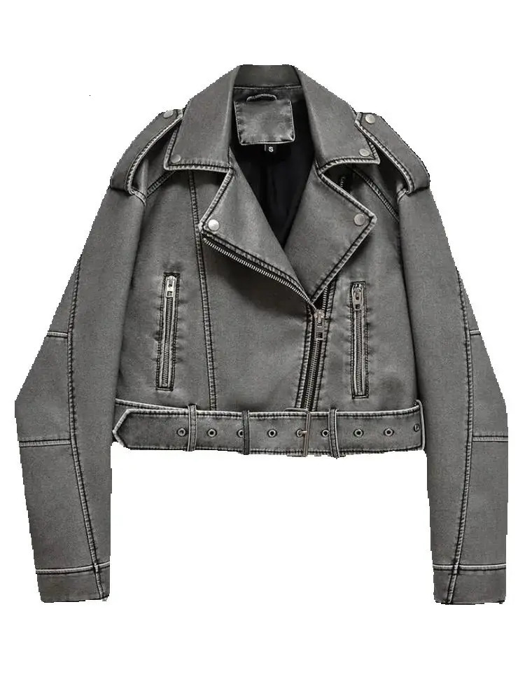 Women Autumn Winter Loose Gray PU Faux Leather Short Jackets Belt Female High Street Zipper Retro Moto Biker Coats Outwear XSXL 250211