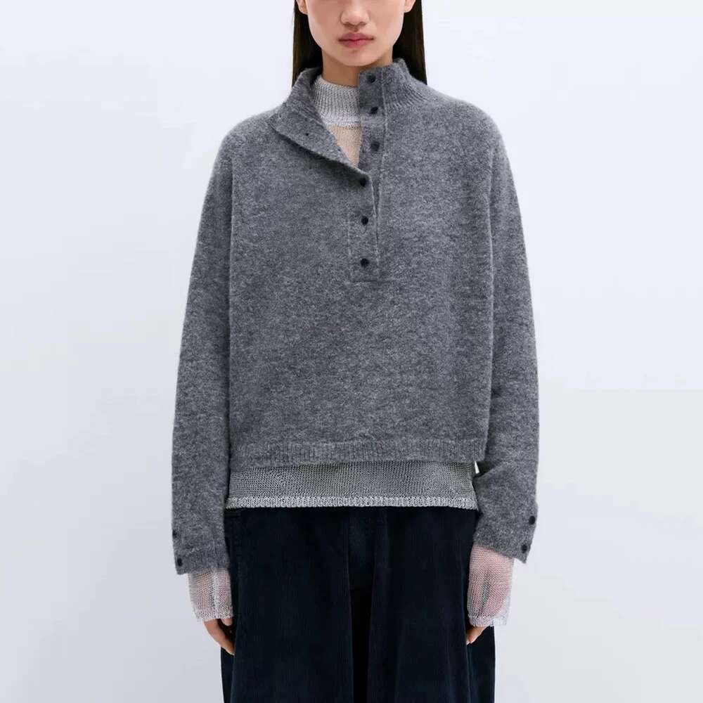 Wool Blend Women Pullover Y2k Single Breasted Decoration Simple Fashion Elegant Commuter Hundred Knit Tops Sweater Fall