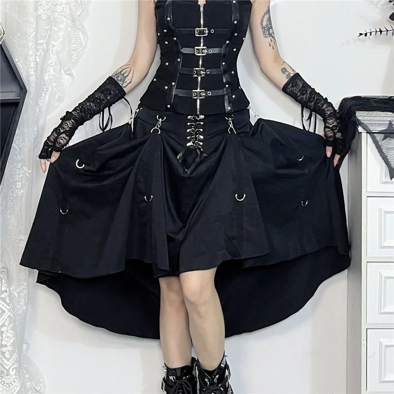 Goth Dark Acubi Fashion Black Swing Aline Skirt Punk Grunge Metal Buckle Streetwear Bandage Skirts Mall Gothic Alt Clother 250211