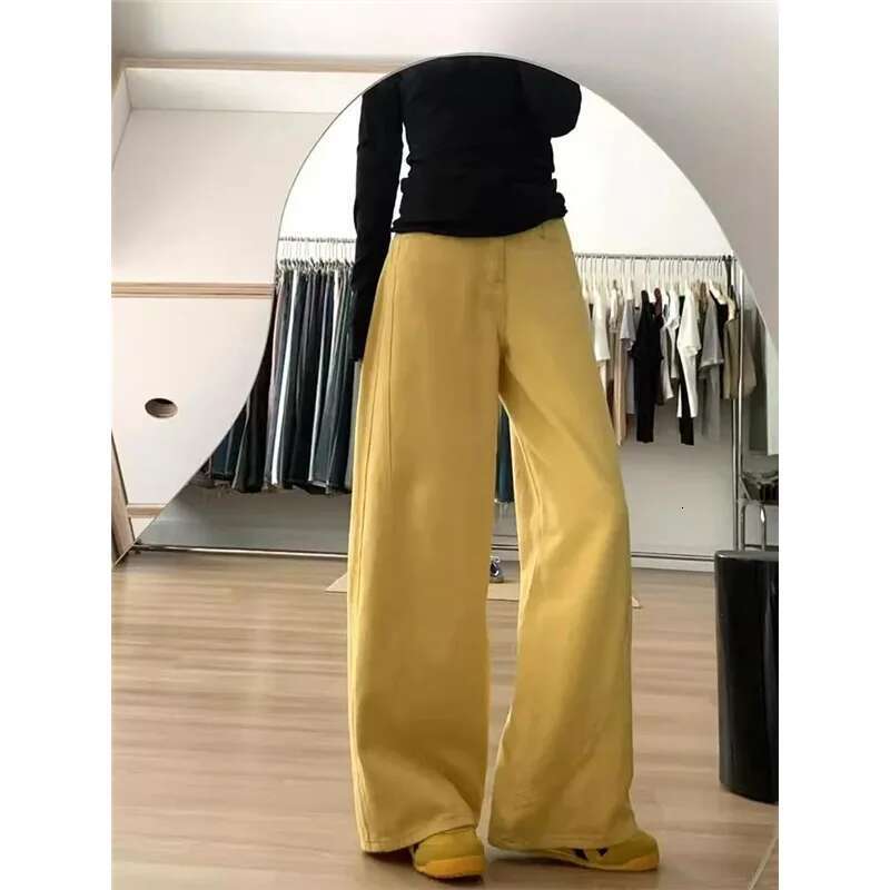 Yellow Womens Jeans High Waist Vintage Classic Pockets Straight Baggy Pants Street American Style Wide Leg Denim Trouser