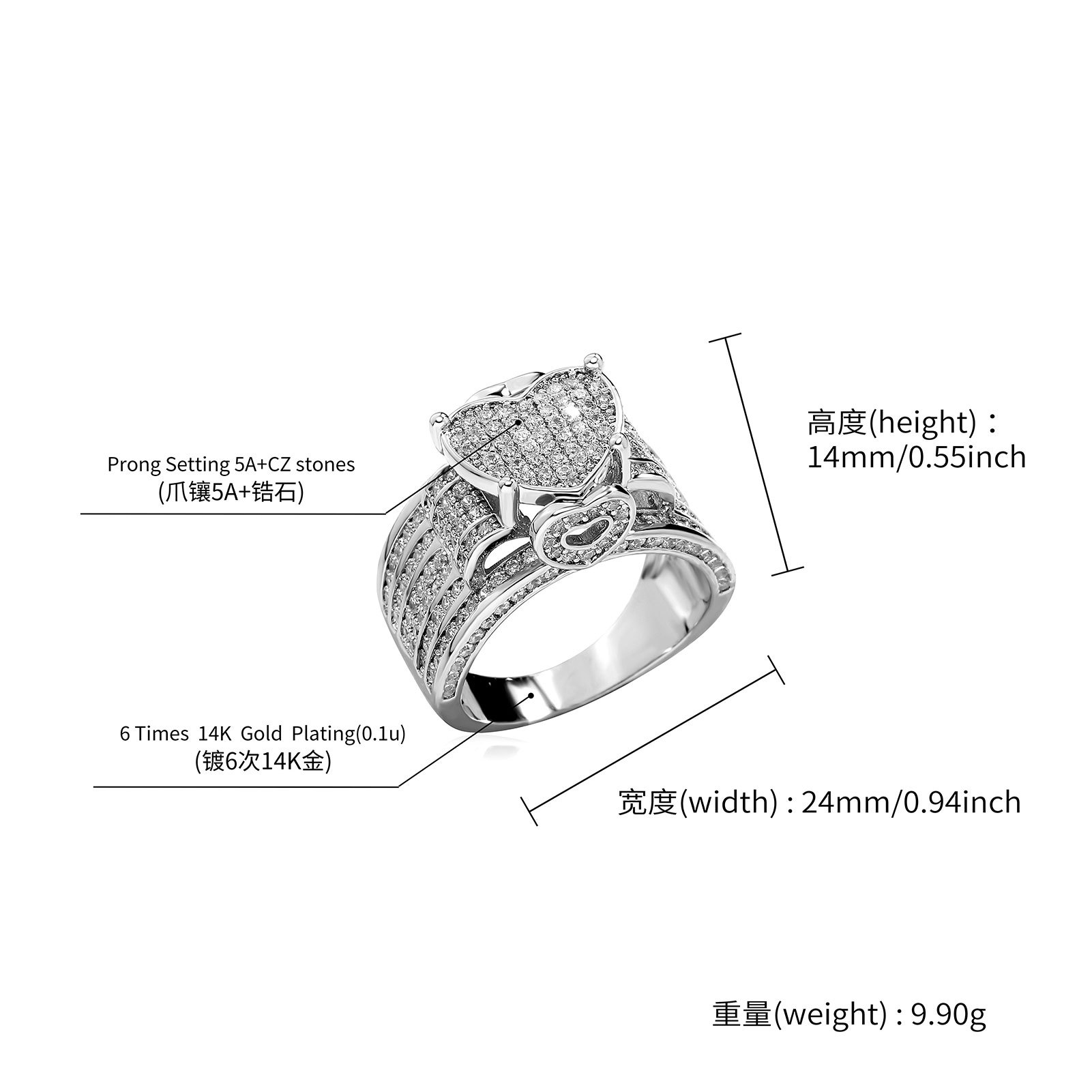 Hip Hop Classic Casting Heart Ring Real Gold Plated 5A Zircon Women Mens Couple Jewelry