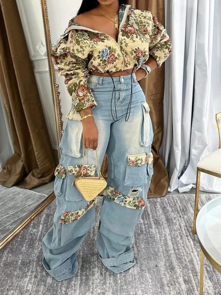 BWQ Washed Denim Womens Set Full Sleeve Floral Jacket and Pockets Cargo Jeans Pants Suit 2025 Street Two 2 Piece Set Outfit 250210