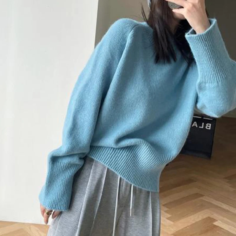 Korean Style Fashion Casual Solid Color Round Neck High Quality Pullover Sweater Retro Elegant Long Sleeved Womens Top 250211