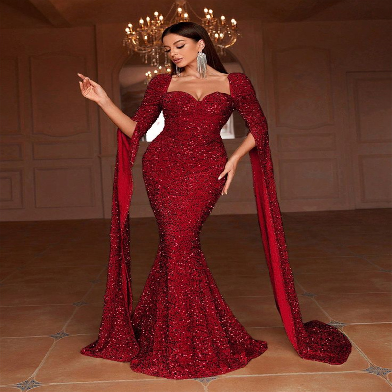 Sparkly Red Sequin Evening Dress Dubai Caftan Long Sleeve Moroccan Prom Dress Mermaid Formal Party Birthday Customized Vestio De Noche Boda