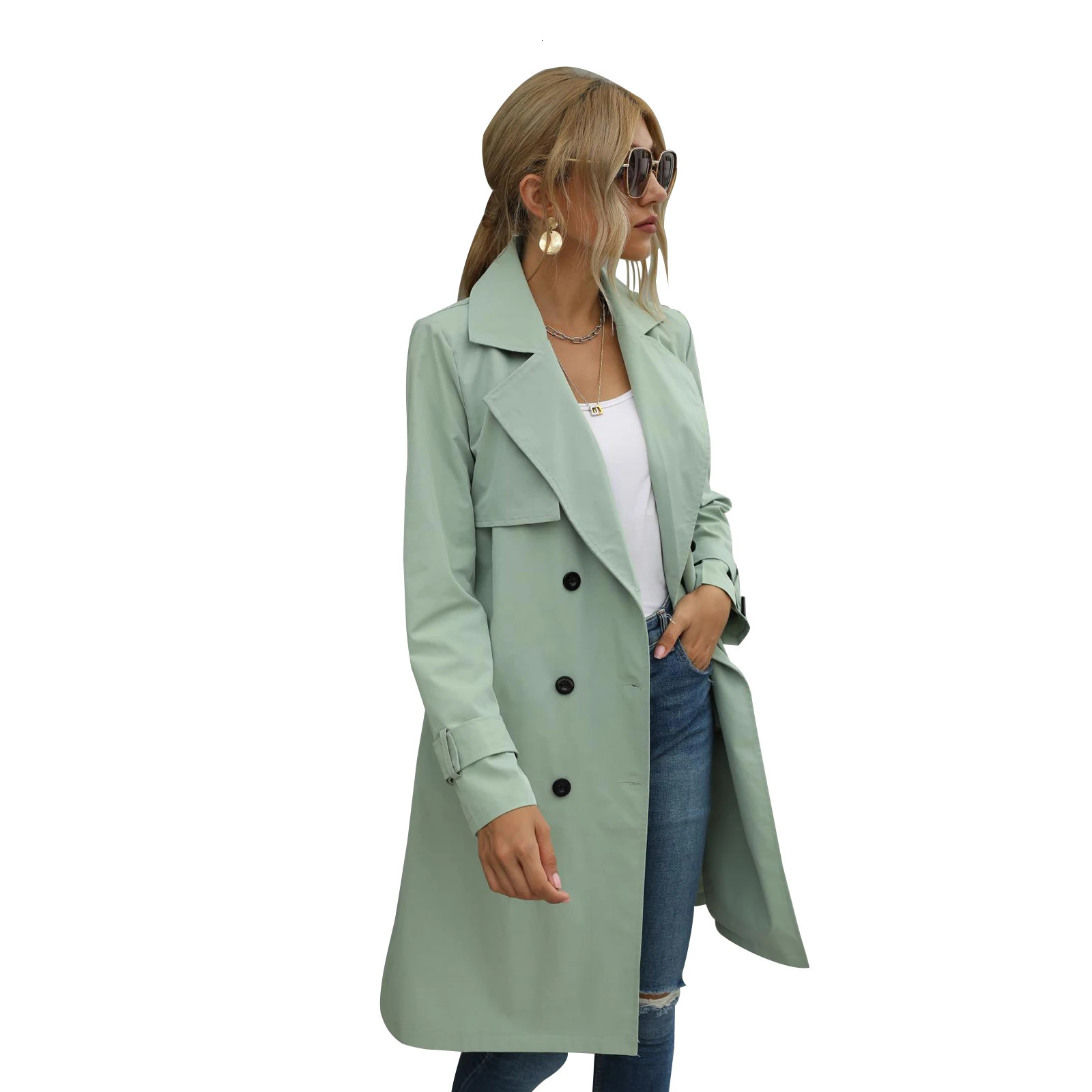 Fashion Women Casual Solid Color Coat Adults Autumn Elagant Long Sleeve Lapel Neck Double Breasted Belted Trench Coat 250214