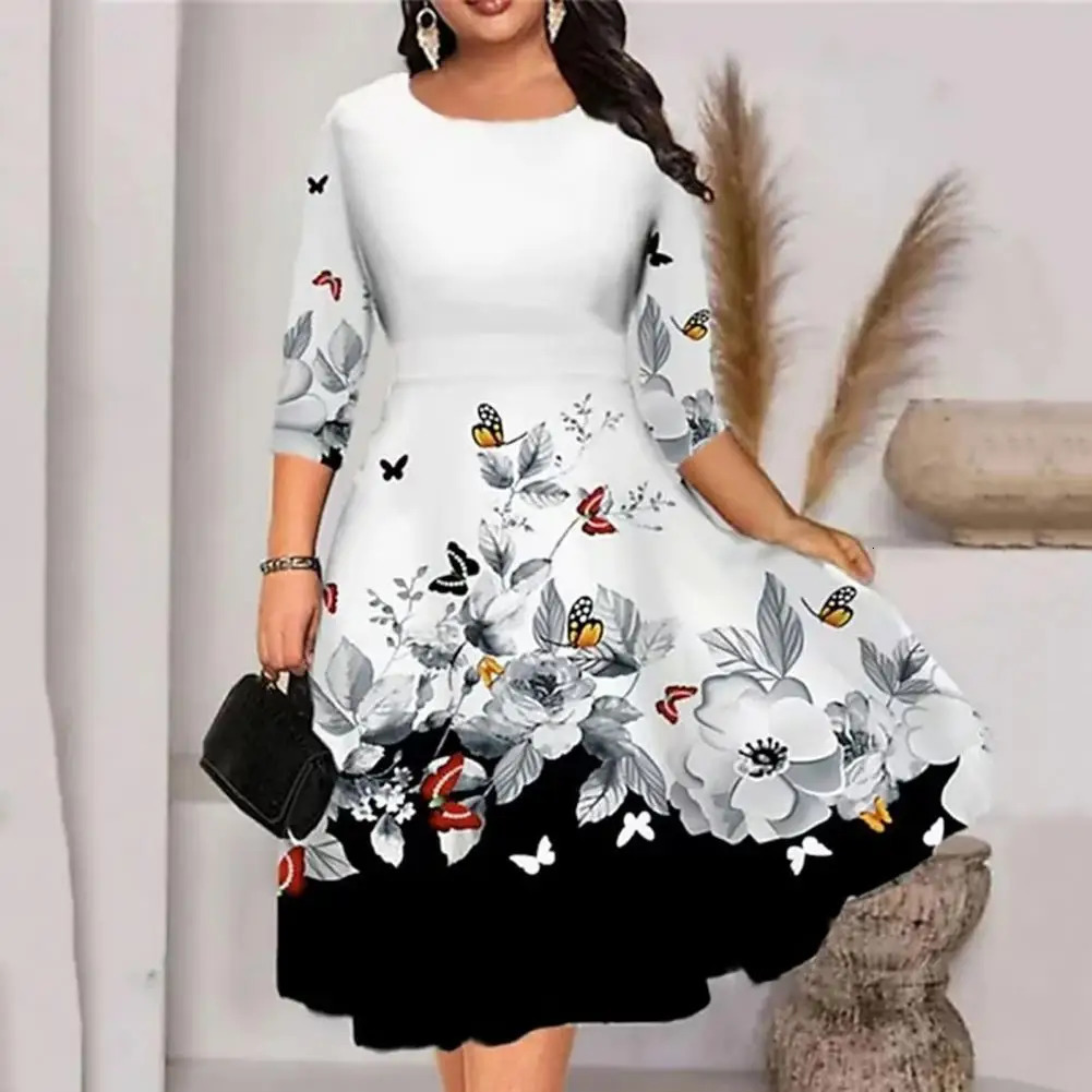 Womens Dress Summer Oneck 34 Sleeve Midi Plus Size Butterflies Printing Waist Tight Loose Hem Casual Streetwear 250214