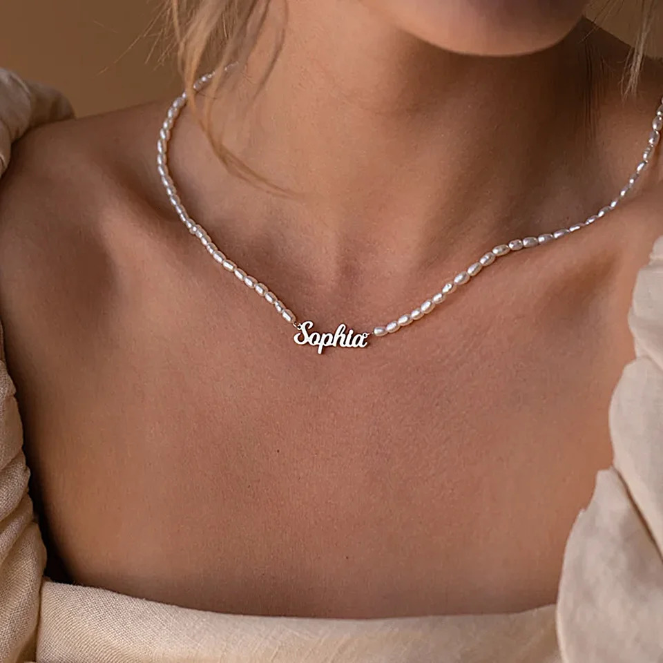 Personalized Custom Name Pendant Fashion Pearl Beaded Necklace for Women Stainless Steel Customized Nameplate Jewelry 250210