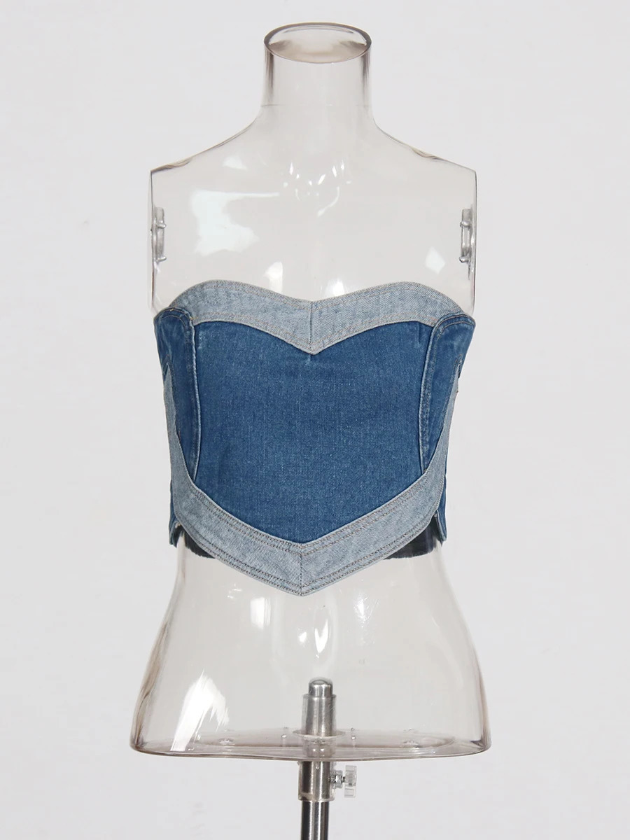 TWOTWINSTYLE Hit Color Set For Women Strapless Sleeveless Love Patchwork Sexy Vest Wide Leg Hollow Out Jeans Fashion Set Female 250210
