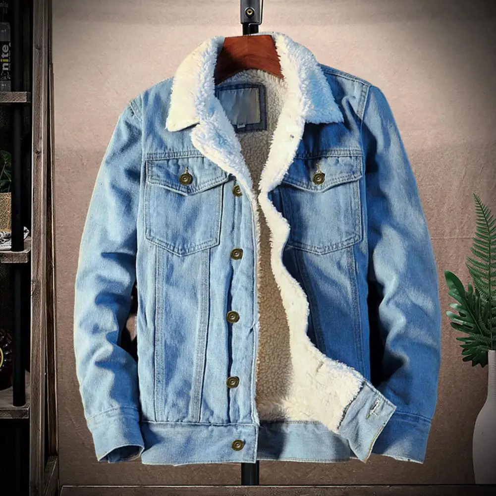 Trendy Denim Coat Long Sleeve Winter Jacket Lapel Pockets Jean Outerwear 250212