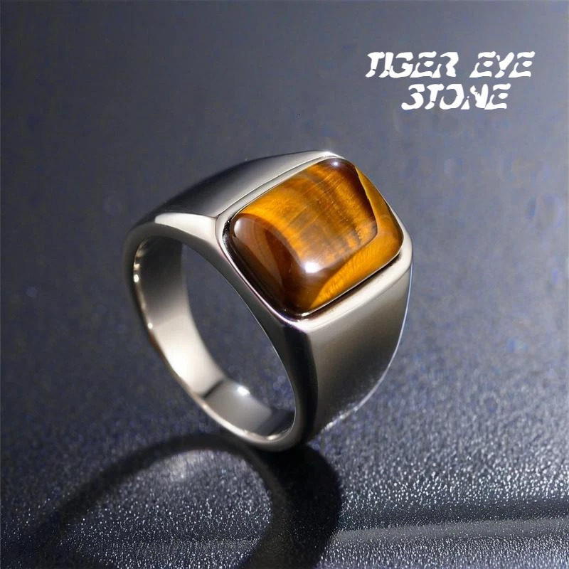 Tiger Eye Natural Stone 7-12 Size Steel Splicing Rings Fashionable Simple Atmosphere Men Charm Thumb Ring Jewelry 250213