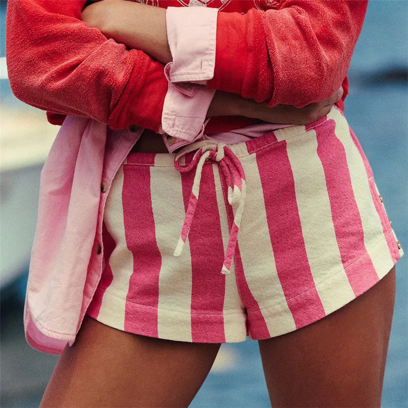 Women Y2K Pajamas Shorts Striped Boxer Shorts Block Color Elastic Waist Sleep Lounge Shorts Micro Bottoms Summer 250210