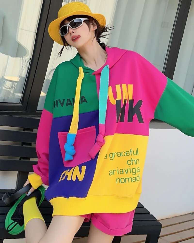 Letter Print Patchwork Oversized Hooded Sweatshirt For Women Y2k Clothes Japanese Korean Style Casual Loose Pullover Top Bust132
