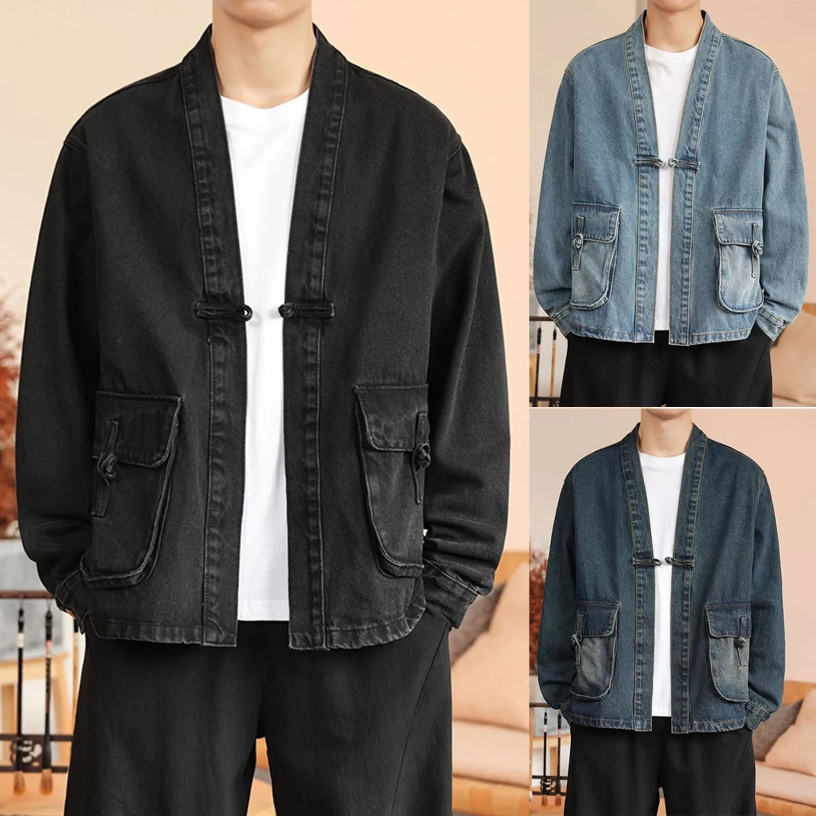 Retro denim jacket mens long sleeved open top loose cool streetwear hiphop clothing 2024 250212