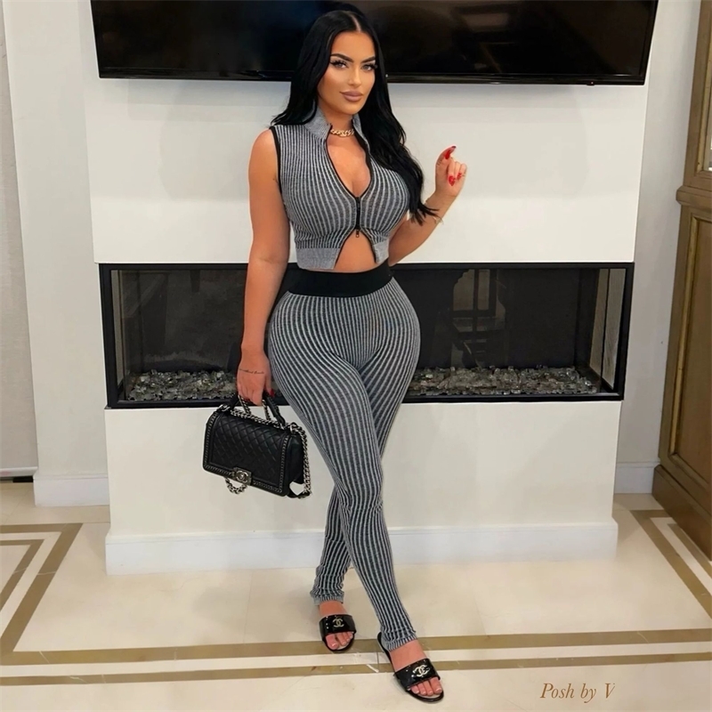 Womens Tracksuits Two Pieces Set 2025 New Fashion Casual Sexy Knitted Low Cut Exposed Navel High Waist Pants