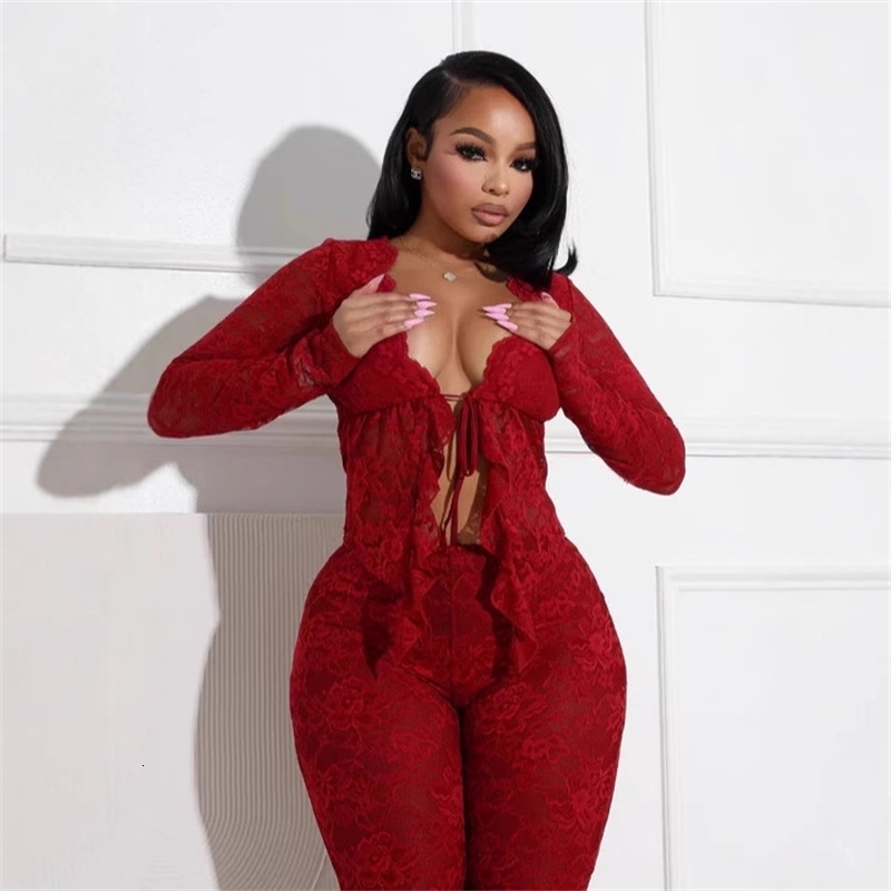 Women Tracksuits Two Pieces Set 2025 New Spring Summer Sexy Lace Up Hollow Cardigan Long Sleeved Lace Shirt Lace Pants