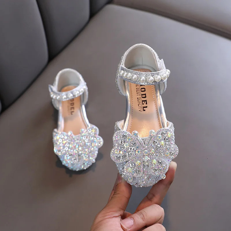Kids Sequined Bowknot Princess Sandals Girls Glitter Sandals Childrens Dance Leather Shoes Toddler Flats Shoes 250214