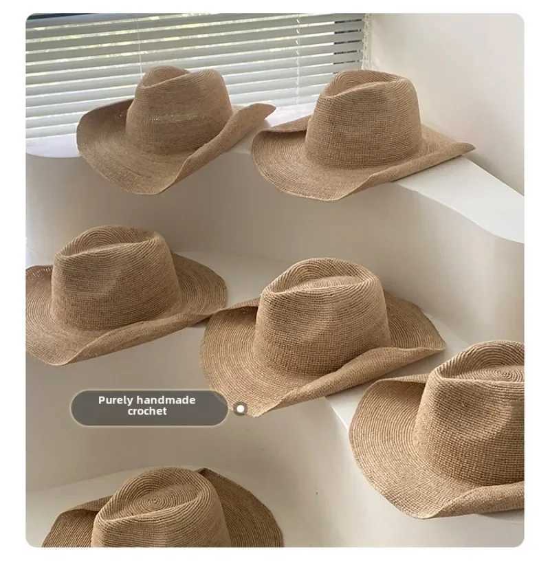 Natural Raffias Retro Western Cowboy Hats Men Women European American British Style Beach Jazz Top Sun Hat Panama Straw Hats W250217