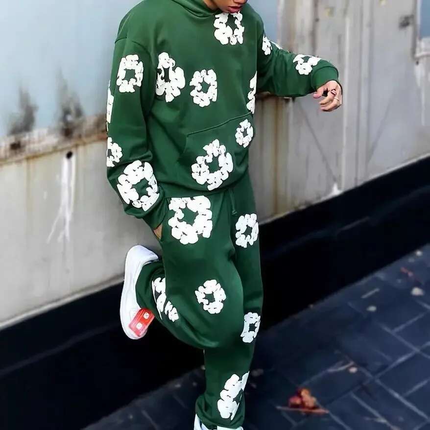 Fashion Quality New Men's Women's Same Kapok Foam Printing Hooded Long-sleeved Sweater Loose Fleece Sweatpants Set