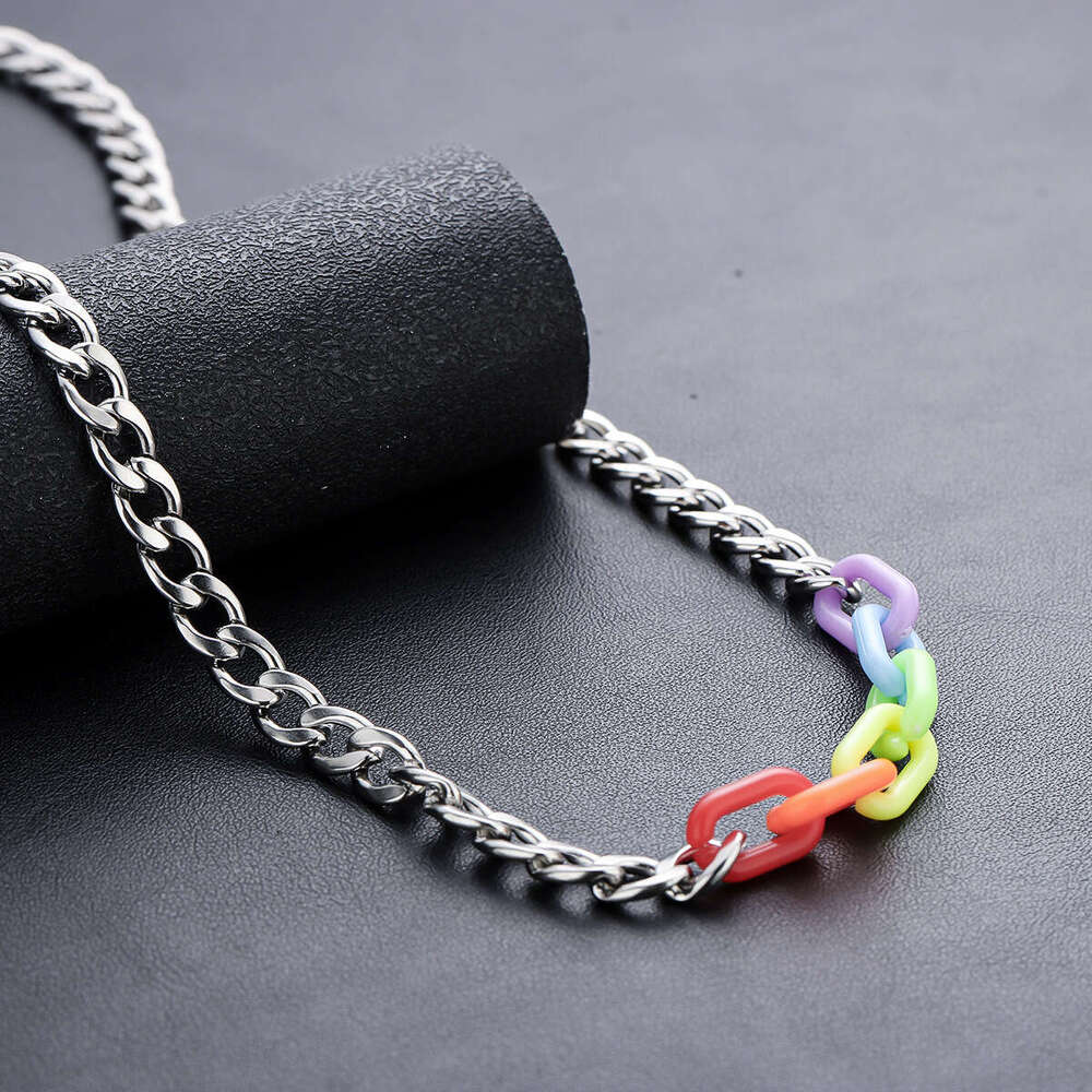 New acrylic titanium steel splicing rainbow necklace for hip-hop couples with personalized collarbone chain trendy accessories