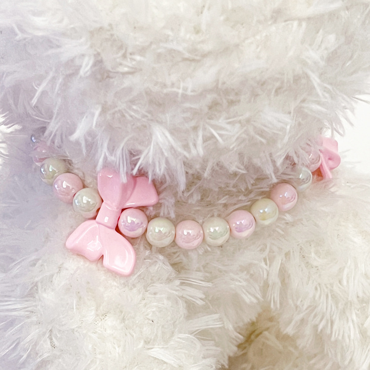 Cute Dog Collar with Pink White Bead Pink Bow Decoration, Pet Neck Decoration Necklace, Adjustable Jewelry Buckle Pet Collar for Small Medium Dog, Chi