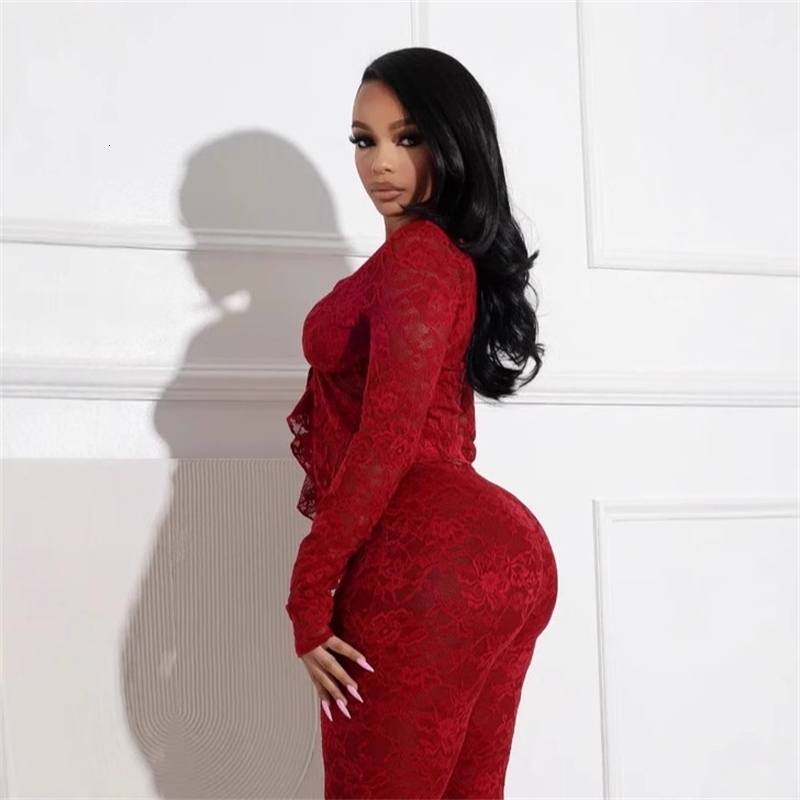 Women Tracksuits Two Pieces Set 2025 New Spring Summer Sexy Lace Up Hollow Cardigan Long Sleeved Lace Shirt Lace Pants