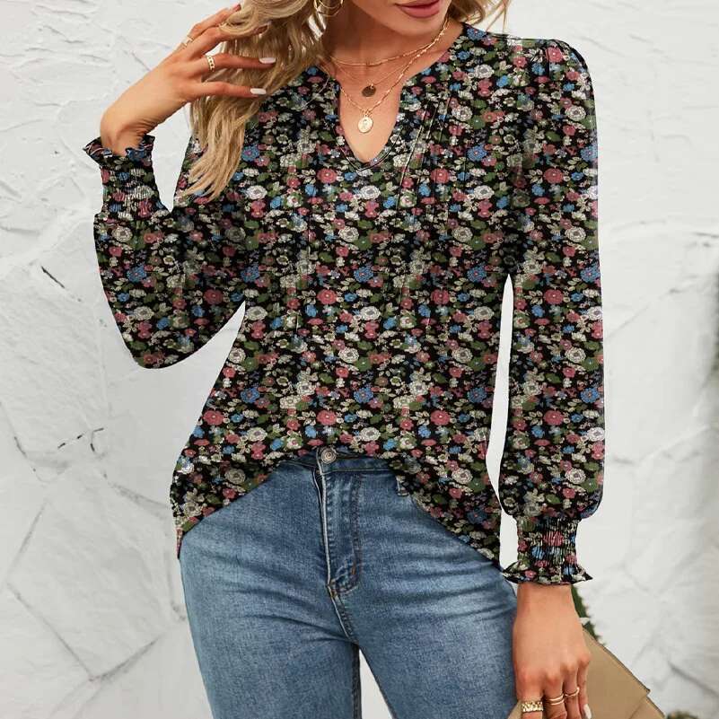 Plus Size Casual Shirt, Fully Printed Lantern Sleeve V-Neck Top, With Pleats On The Chest, Waist Cinching Slim Fit Shirt