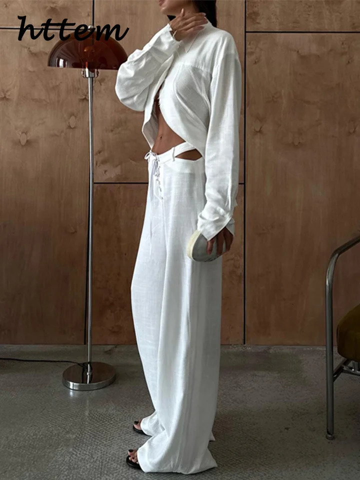 Street Crop Shirts Pants Sets Women Lapel Single-breasted Blouses Low Waist Bandage Trousers 2025 Spring Lady Chic Casual Suits 250210