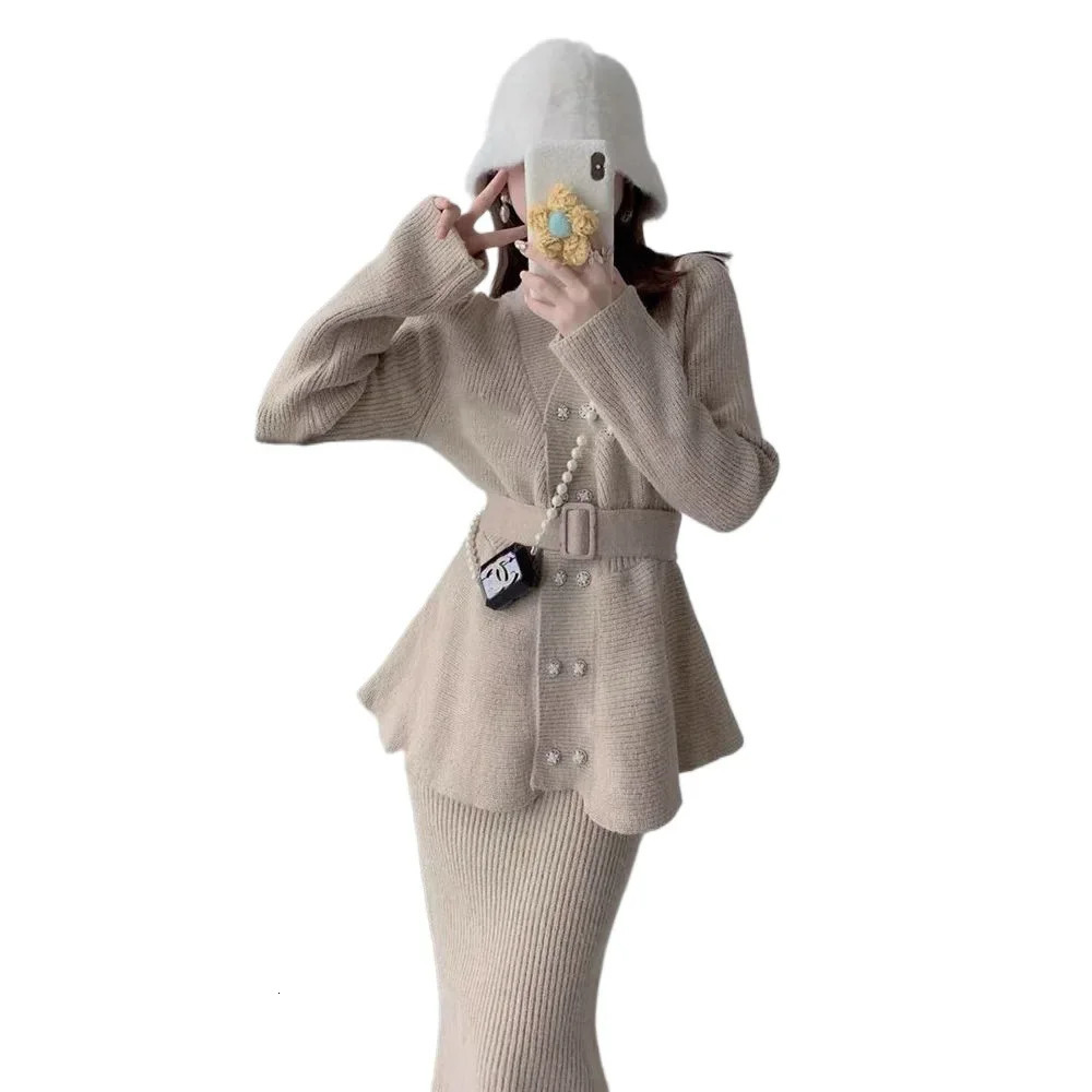 Elegant social style high-end feeling coarse woolen two-piece set womens autumn fashion womens professional coarse woolen knitting 250210