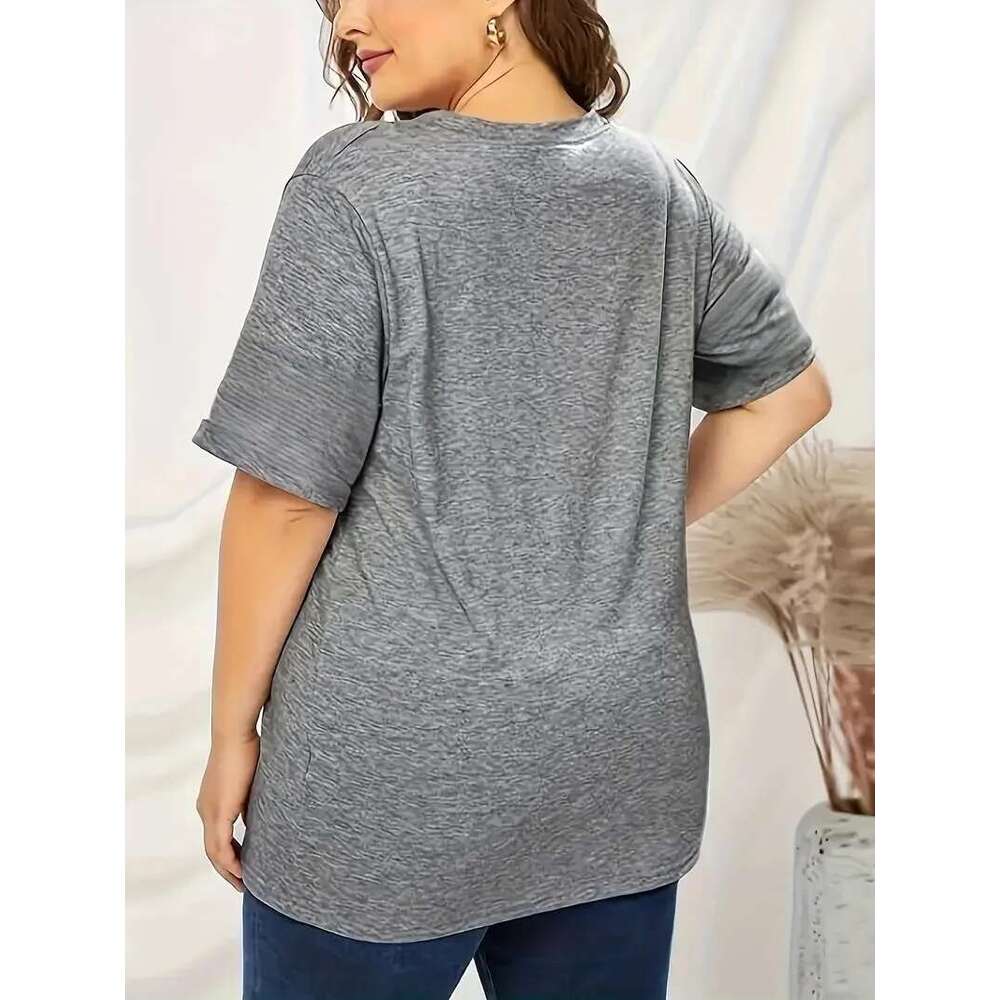 Plus Size Solid Color V-Neck T-Shirt Women Soft Stretchy Polyester Short Sleeve Casual Top - Ideal For Spring & Summer Ela