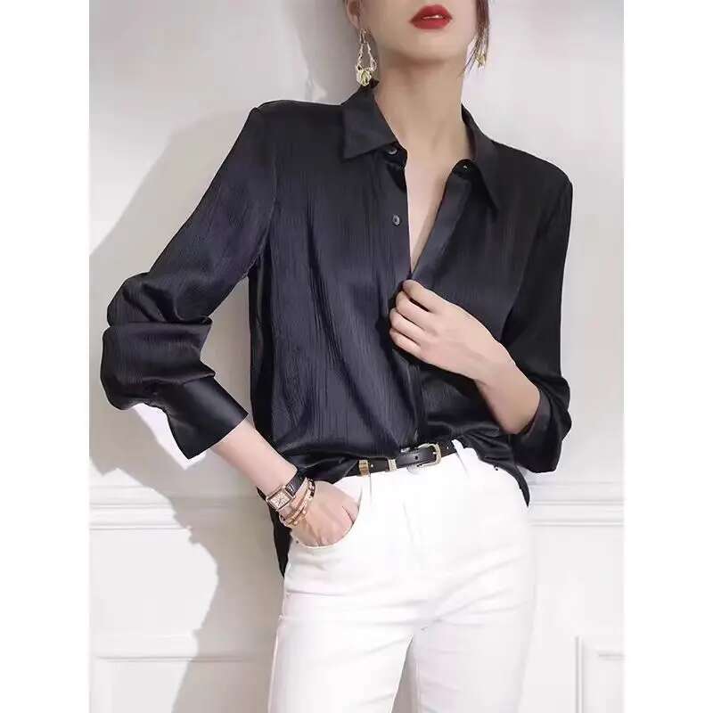 Women's Shirts Spring New Black Satin Texture Loose Long-Sleeved Blouse Elegant Office Lady Work Wear Fashion Female Clothing