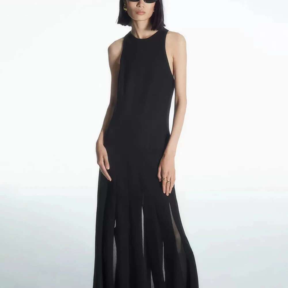 Round Neck Sleeveless Cotton Blend Women's Y2k Fashion Elegant Temperament Slim Pleated Knit Long Dress 2025 Summer New