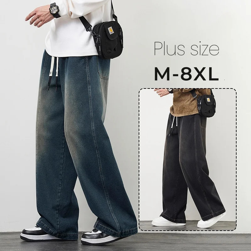 Plus Size M8XL Baggy Jeans Mens Blue Black Streetwear Elastic Waist Y2K Trousers Fashion Straight Leisure Wide Denim Pants 250214