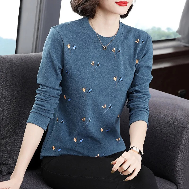 Autumn Winter Velvet Base Layer Top Slimming Womens Leaf Print T-shirt Warm Long Sleeve Female Blouses Shirt 250217