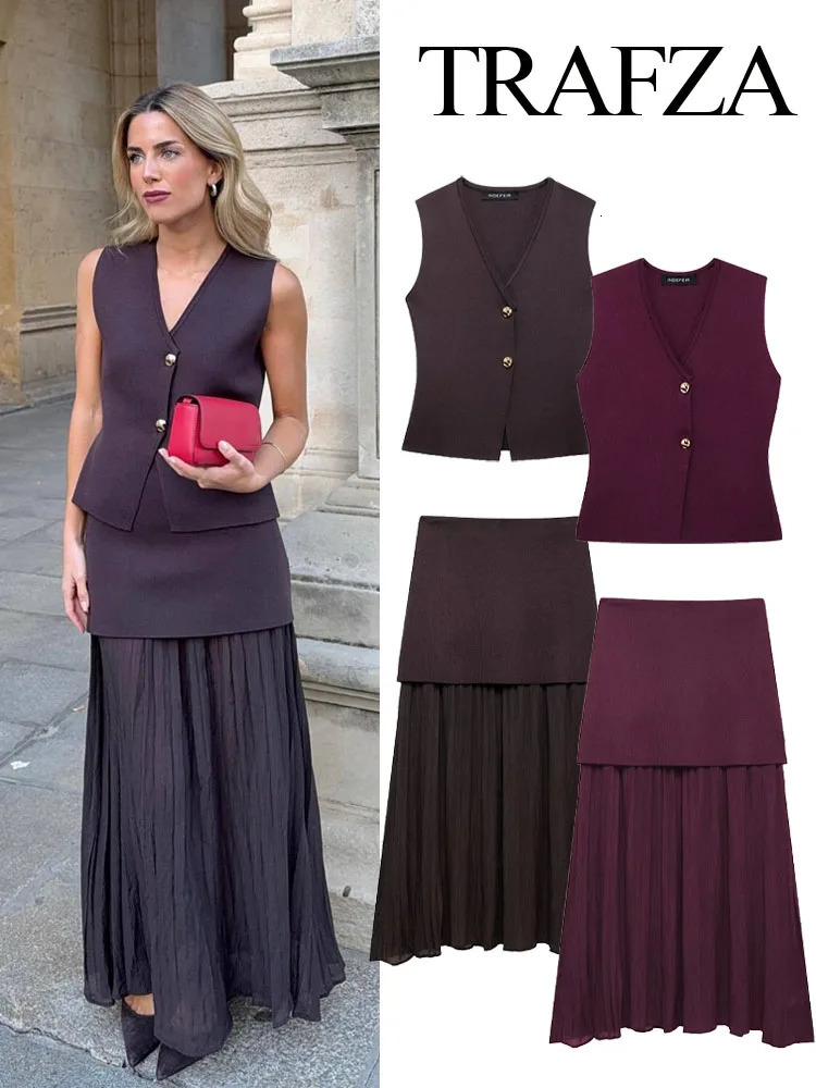 TRAFZA Women 2 Piece Set VNeck Sleeveless Button Knitted Vest TopElegant Splicing High Waist Zipper Long Skirts Holiday Suits 250214