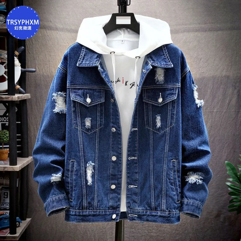 TRSYPHXM Autumn light blue denim lapel jacket for men teenagers casual versatile top mens clothing 250212