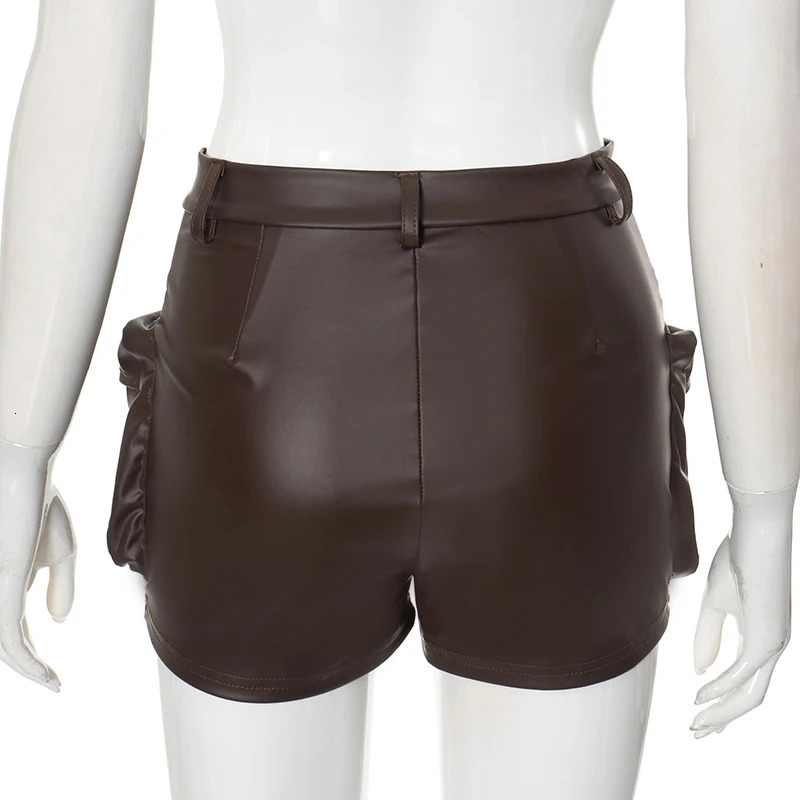 CUTENOVA Autumn Pu Leather High Waist Shorts Zipper Tight Sexy Pants Large Pocket Ultra Short Cargo Wear 250213