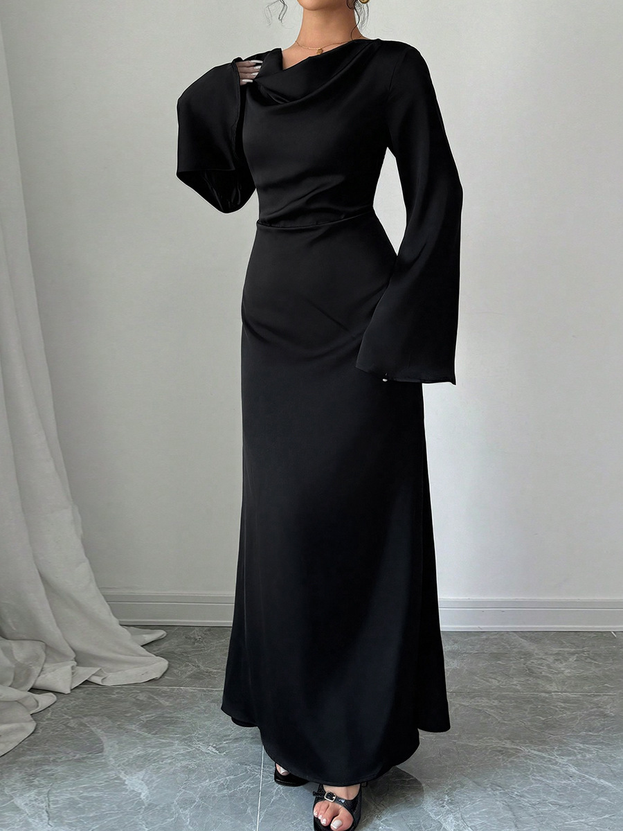 W17295 Body shape women's clothing long sleeve loose tie waist black long skirt high-end temperament dress female