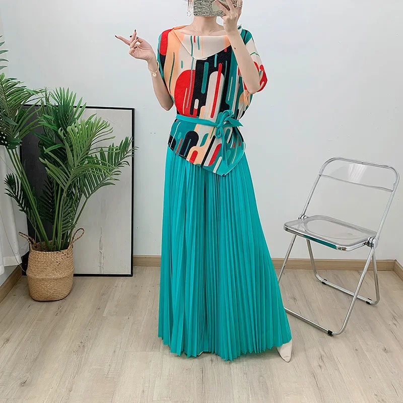 Printed Miyake Pleated Pant Sets Women Contrast Color Tops Wide Leg Trousers Elegant Two Piece Sets 2025 2AN5903 250210