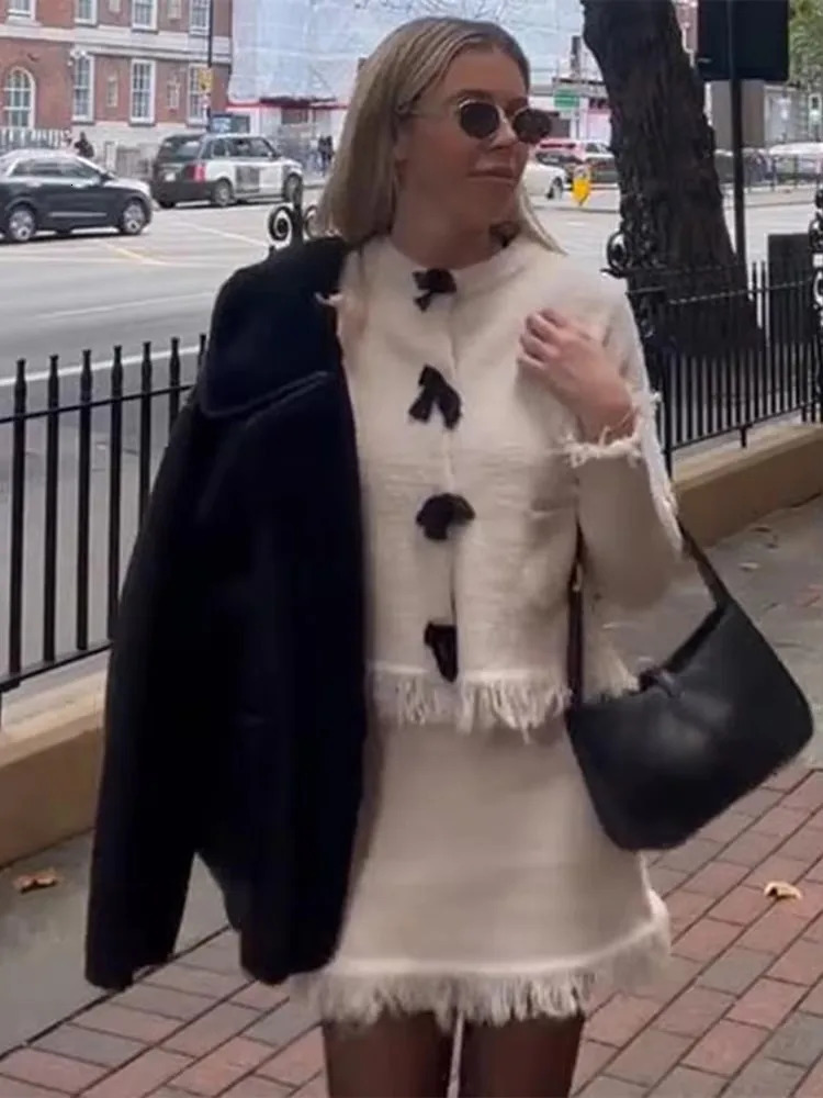 Elegant Tassel Skirts Suit Women Bow Oneck Long Sleeve Coats Mini Skirt Two Pieces Set Winter In Matching Outfits 250214