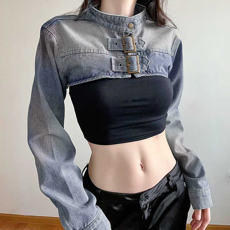 American style washed denim jacket with distressed shoulders street style personalized metal buckle stand up collar cool and stylish top 241211