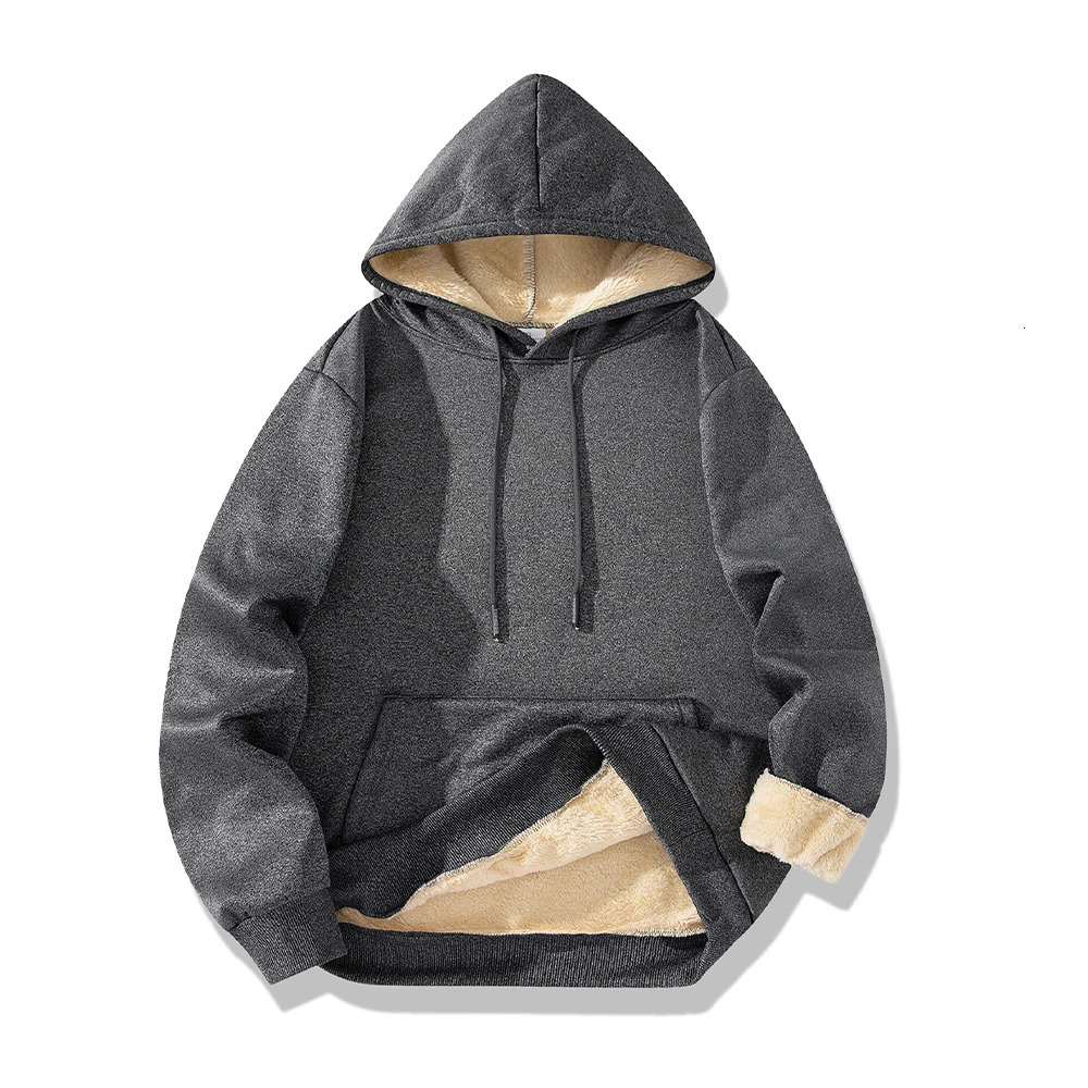Autumn Winter Mens Fleece Lined Thermal Hoodie Sweatshirt Casual Loose Solid Color Top Round Neck Pullover Thicken 250214