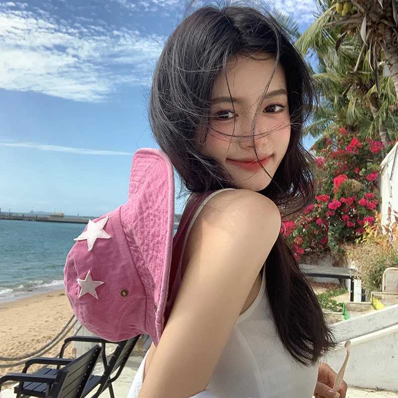 Punk Star Cowboy Hat For Women Fashion Wide Brim Sun Visors Retro Hip Hop Fisherman Cap Solid Cotton ACU Hat Y2K Girl Panama Cap W250217