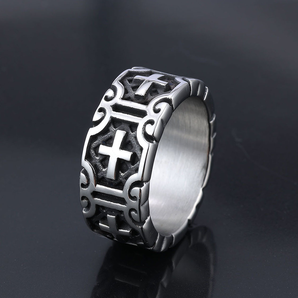 Hip Hop Vintage Ancient silver Color Stainless Steel Cross Casting Rings Mens Jewelry