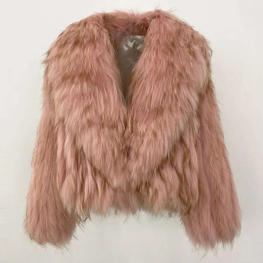 Winter Overcoat Collar Real Natural Raccoon Jacket New Fluffy Fur Knitted Coat Women Outerwear Short